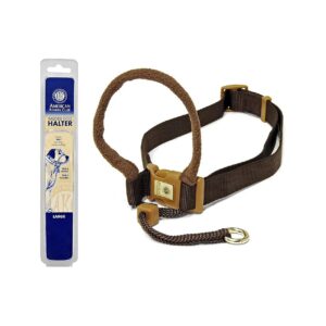 Brown Nylon Dog Halter for Small Breeds with Fleece Muzzle and Adjustable Size