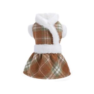 Brown Plaid Fleece Dog Sweater, Cozy Dog Dress for Small Dogs