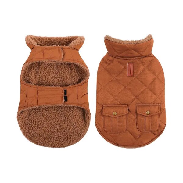 Brown Windproof Quilting Dog Coat with Plush Lining and Cute Storage Pockets