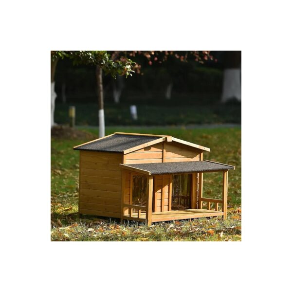 Brown Wooden Dog House with Porch and Curtain Indoor Outdoor Crate for Small Medium Pets