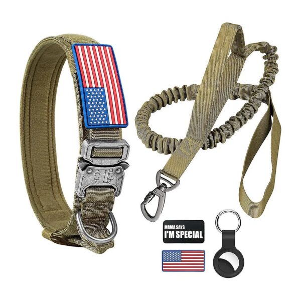 Camouflage Tactical Dog Leash and Collar Set with Adjustable USA Flag K9 Collar