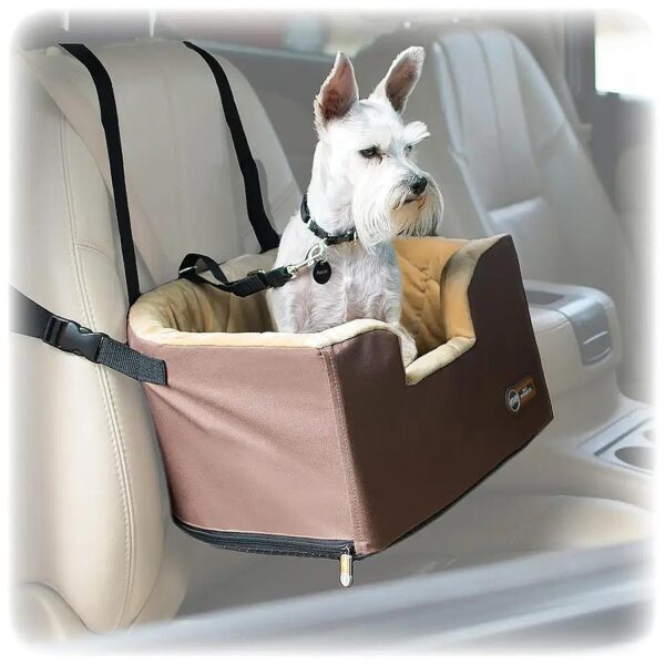 Car Window View Tan Dog Booster Seat with Soft Foam Bolster for Petite Pets