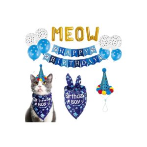 Cat Birthday Gift Set with Bandana Scarf Hat and Balloons for Pet Celebration