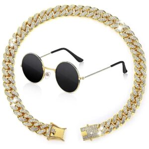 Cat Dog Sunglasses Collar Set Gold Black Rhinestone Chain 18 Inch Pet Accessories