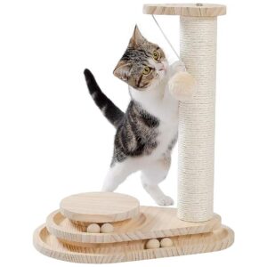 Cat Scratching Post with Dangling Ball and Textured Sisal Rope for Claws and Teeth