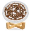 Ceramic Dog Food Bowl with Wooden Stand and Puzzle Slow Feeder Design