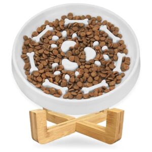 Ceramic Dog Food Bowl with Wooden Stand and Puzzle Slow Feeder Design