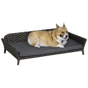 Charcoal Grey Wicker Dog Bed with Soft Cushion and Steel Frame for Large Medium Dogs