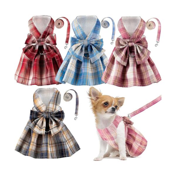 Charming Plaid Puppy Dress with Leash for Small Female Dogs and Bunnies