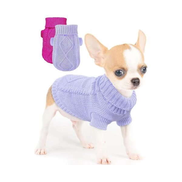 Chihuahua Yorkie Cat Extra Small Dog Clothes Knit Sweaters Turtleneck Plaid Rose Purple