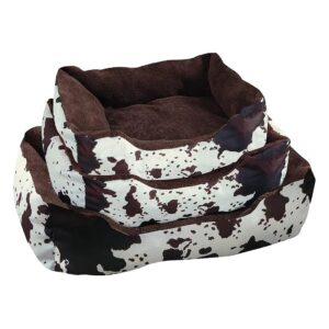 Chocolate Brown Sherpa Lined Cow Print Dog Bed Made of Durable Polyester