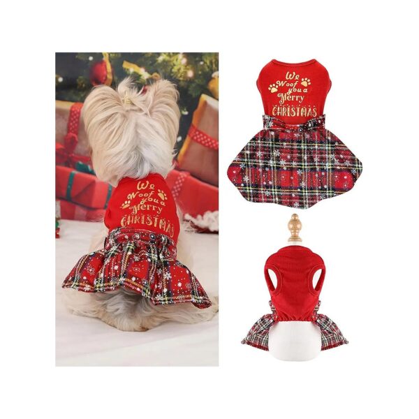 Christmas Dog Christmas Outfit Plaid Red Dress with Adjustable Bowknot