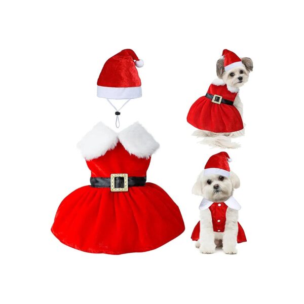 Christmas Dog Costume with Red Dress and Black Belt for Small to Medium Sized Pets