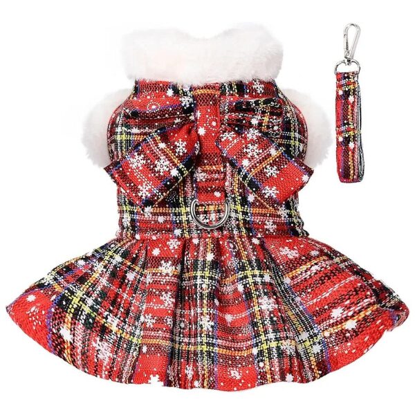 Christmas Dog Dress with Leash Set Red Plaid Puppy Sweaters for Small Dogs Girl