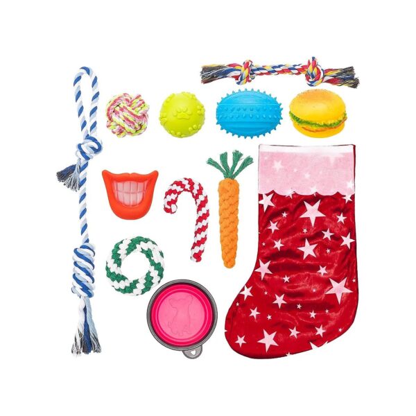 Christmas Dog Gift Set with Squeaky and Rope Toys for Medium and Large Breed Dogs