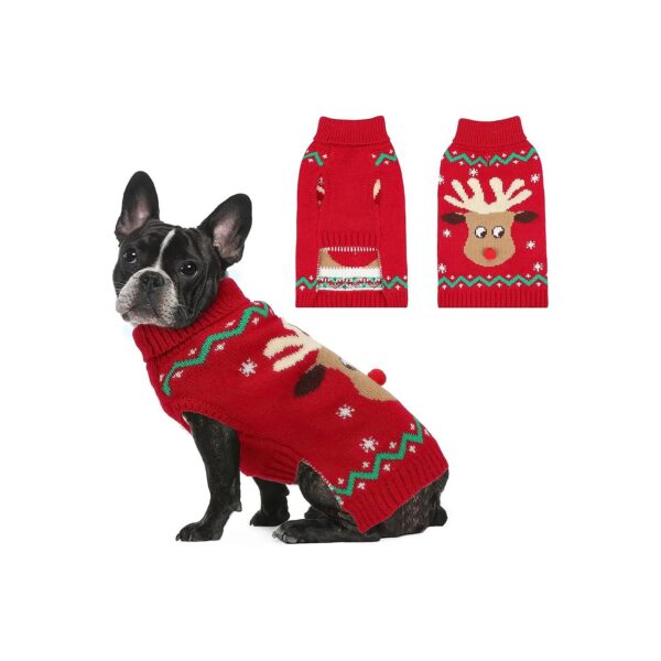 Christmas Dog Sweater Pullover Soft Warm Red Reindeer Snowflake Classic Turtleneck