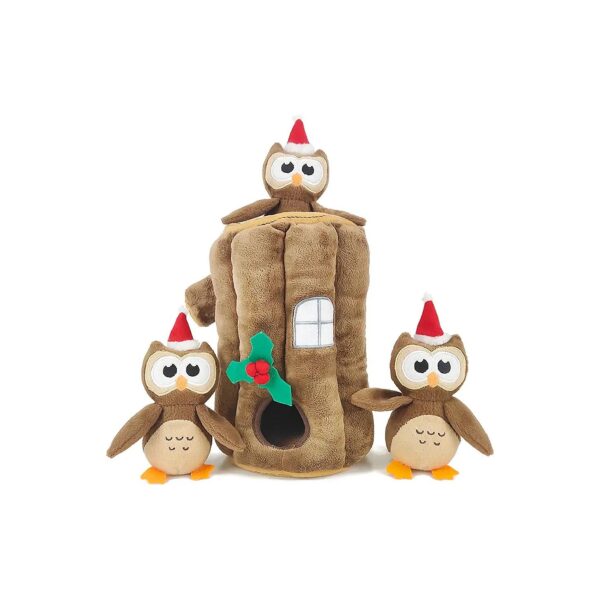 Christmas Dog Toy Owl Plush Toy Set with Plush Tree Stump for Small Pets