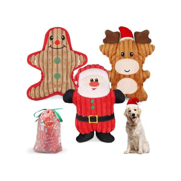 Christmas Gift for Puppies and Dogs Squeaky Toy 3 Pcs Set with Santa Reindeer Ginger Man