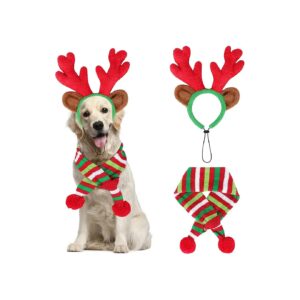 Christmas Pet Costume Set with Reindeer Antlers Headband and Red-White