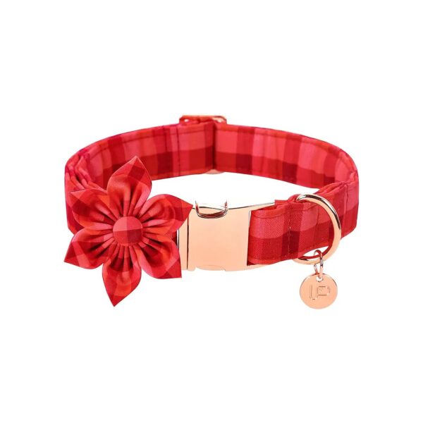 Christmas Pet Fashion Collar with Red Plaid Pattern, Detachable Flower