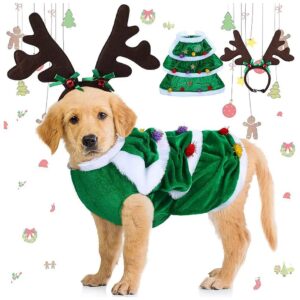 Christmas Pet Party Outfit for Large Dogs with Reindeer Antlers and Green Tree Costume