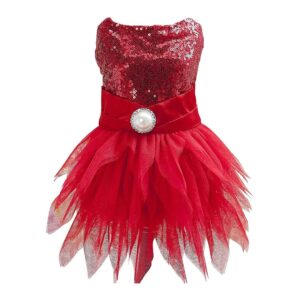 Christmas Pet Satin Dress with Reflectable Sequins and Pearl Waist for Small Animals