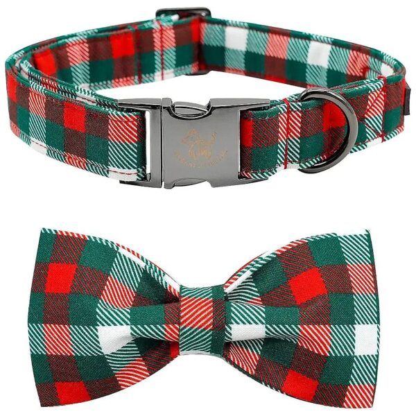 Christmas Plaid Adjustable Dog Collar with Soft Bowtie for Medium Dogs