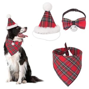 Christmas Red Plaid Dog Scarf Hat Bow Tie Costume for Medium Large Dogs