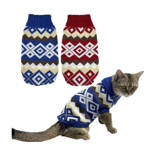 Christmas Red and Blue Plaid Pattern Sweater Costume for Pet Cats and Small Dogs