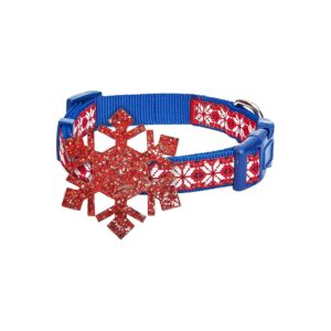 Christmas Snowflakes Adjustable Polyester Dog Collar with Blingy Decor and Buckle Closure