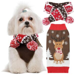 Christmas Themed Dog Sweater and Scarf Set for Small Breeds Like Chihuahua and Pomeranian