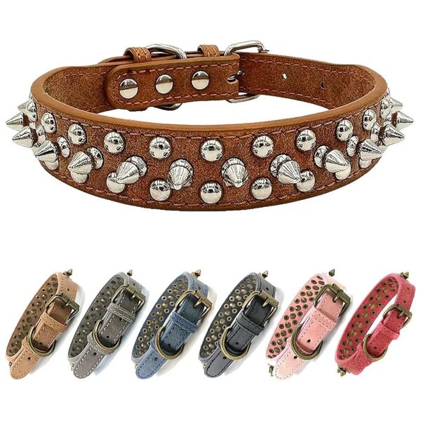 Chrome Brown Dog Collar with Metallic Studs and Strong PU Leather