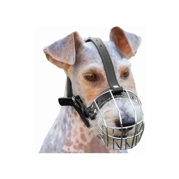 Chrome Metal Dog Muzzle with Adjustable Leather Straps and Wire Basket for Vet Visits