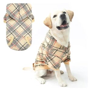 Classic Beige Plaid Pattern Dog Hoodie with Soft and Warm Fabric and Hat