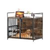 Classic Brown Dog End Table Crate with Adjustable Feeder and Stainless Steel Bowls