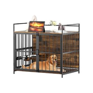 Classic Brown Dog End Table Crate with Adjustable Feeder and Stainless Steel Bowls