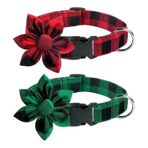 Classic Buffalo Plaid Dog Collar with Flower Attachment for Small Medium Large Dogs Cats