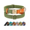 Classic Customizable Dog Collars with Engraved Metal Buckle and Green Canvas Material