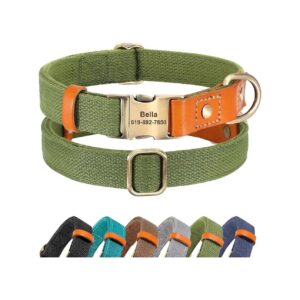 Classic Customizable Dog Collars with Engraved Metal Buckle and Green Canvas Material