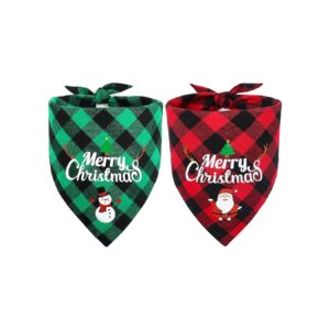 Classic Plaid Dog Bandana with Santa and Snowman Holiday Print for Small to Large Dogs