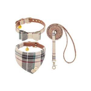 Classic Plaid Dog Collar and Leash Set with Jingle Bell for Small to Large Dogs