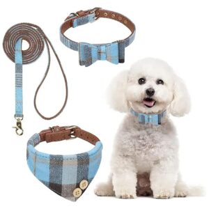 Classic Plaid Dog Leash Set with Bell and Adjustable Collar for Small Pet Walking