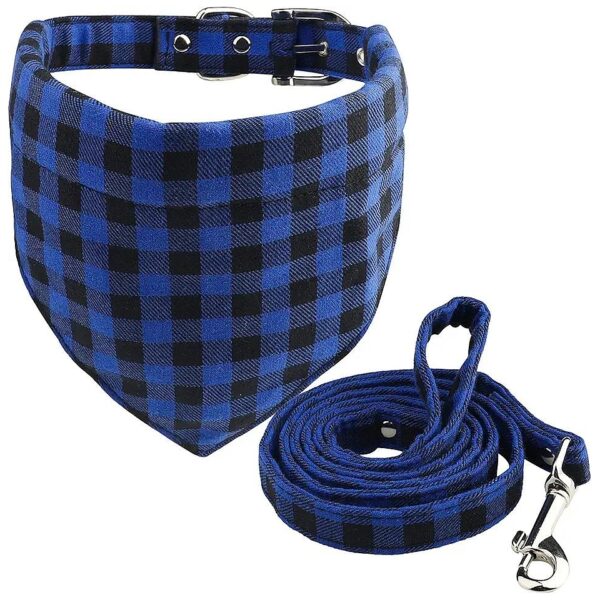 Classic Plaid Pattern Blue Dog Bandana Collar Leash Set for Small Medium Large Pet Owners