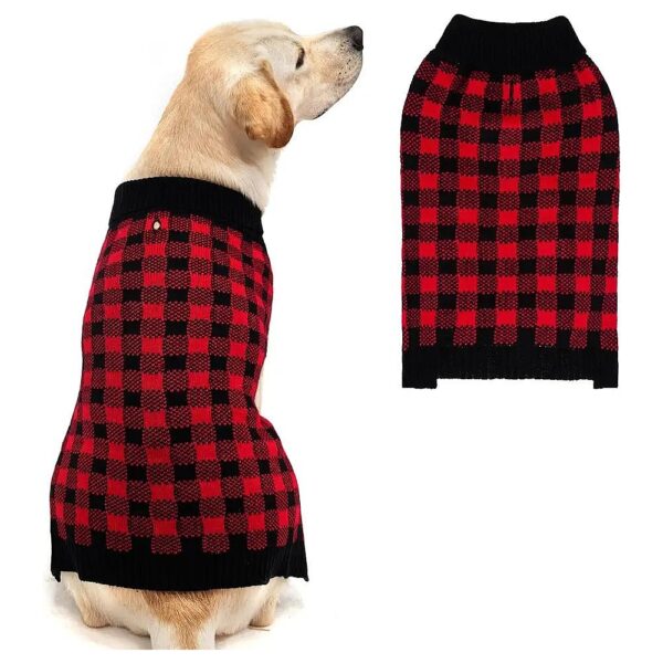 Classic Plaid Pattern Knit Dog Sweater with Turtle Neck and Adjustable Neck