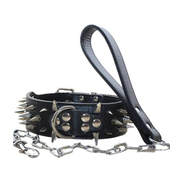 Classic Spike and Stud Patterned Faux Leather Dog Collar and Chain Leash Set