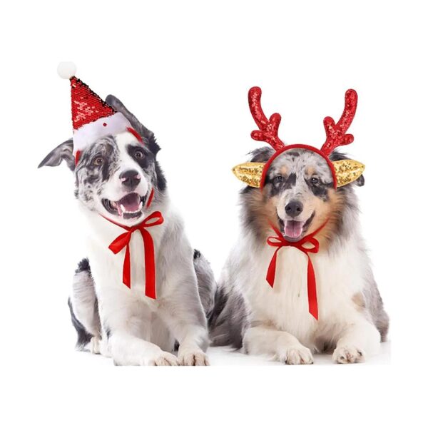 Color Changing Sequins Dog Santa Hat and Glittered Pet Antler Headband Set