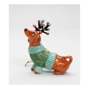 Colored Ceramic Dachshund Dog in Green Sweater and Reindeer Antlers Ornament, 25" Tall