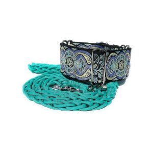 Colored Jacquard Ribbon Dog Collar and Paracord Leash Set for 14-18" Dogs