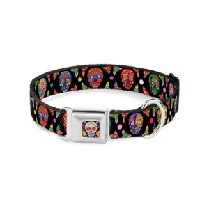 Colorful Calaveras Black Multi Color Dog Collar Seatbelt Buckle 18 to 32 Inches 5 Wide