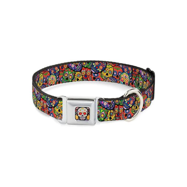 Colorful Calaveras Stacked Polyester Dog Collar Buckle and Seatbelt Accessory